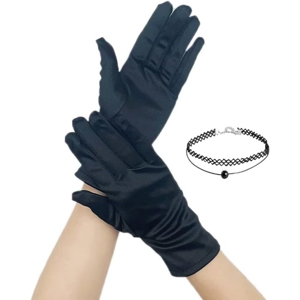 Women's Black Evening Satin Lace Gloves Choker Necklace Wedding Party Prom